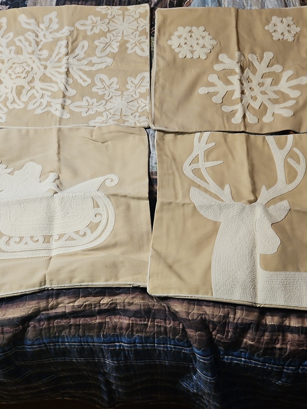 Neutral Beige and White Holiday Pillow Covers - Reindeer & Snowflake Set